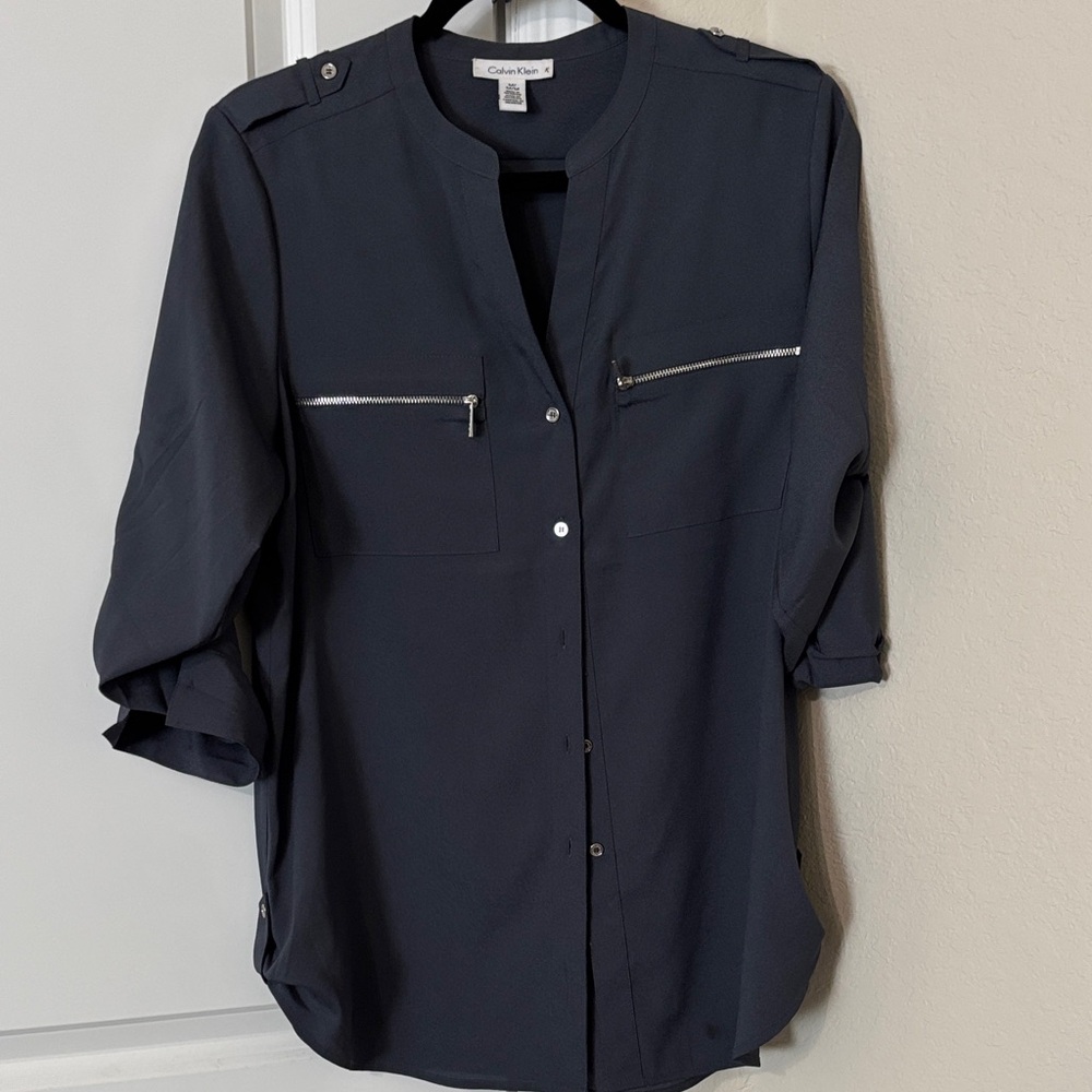 Calvin Klein Women's Dark Blue Blouse with Zipper Accents